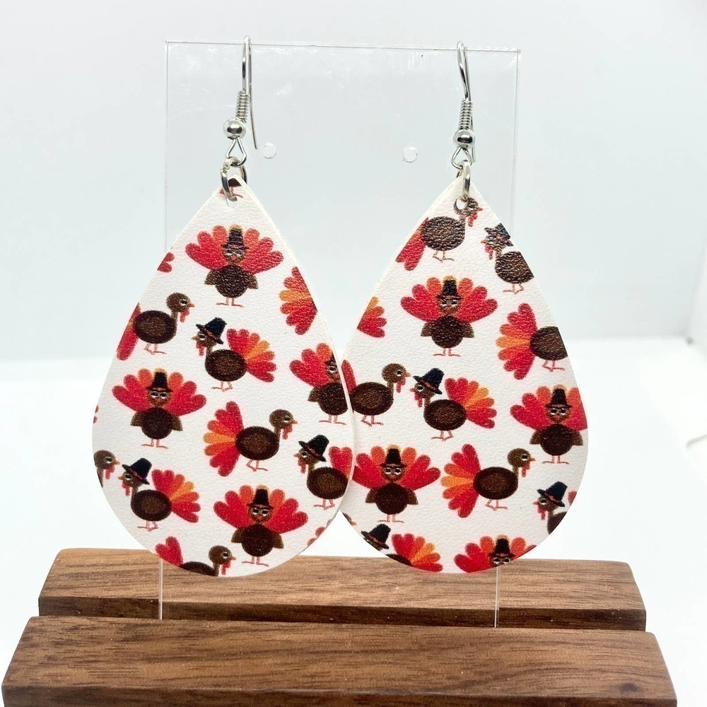 Faux Leather Teardrop Turkey Print Earrings